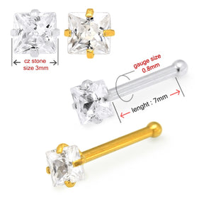 20G Surgical Steel Square CZ Stone Nose Bone Stud