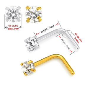 20G Surgical Steel Round CZ Stone L-Shape Nose Stud