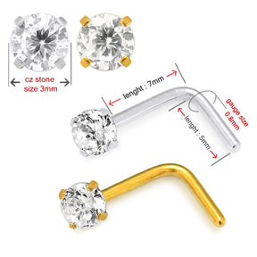 20G Surgical Steel Round CZ Stone L-Shape Nose Stud