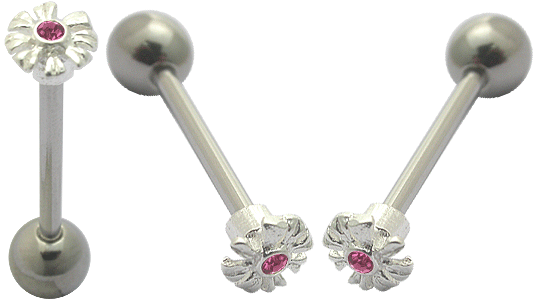 Jeweled Silver Zenia Flower SS Tongue Ring Body Jewelry