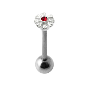 Barbell Tongue Ring Surgical Steel with Jeweled Flower Design