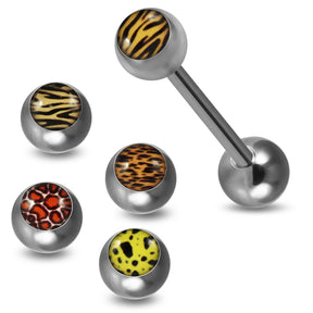 Tongue Barbell with 4 Free Interchange Tiger and Leopard Skin Printed Logo Ball
