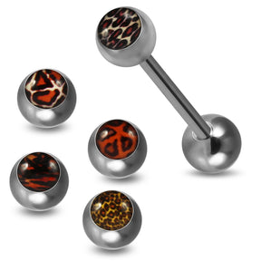 Tongue Barbell with 4 Free Interchange Leopard Skin Printed Logo Ball