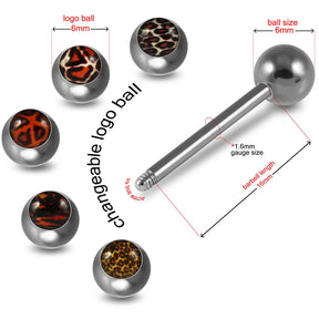 Tongue Barbell with 4 Free Interchange Leopard Skin Printed Logo Ball