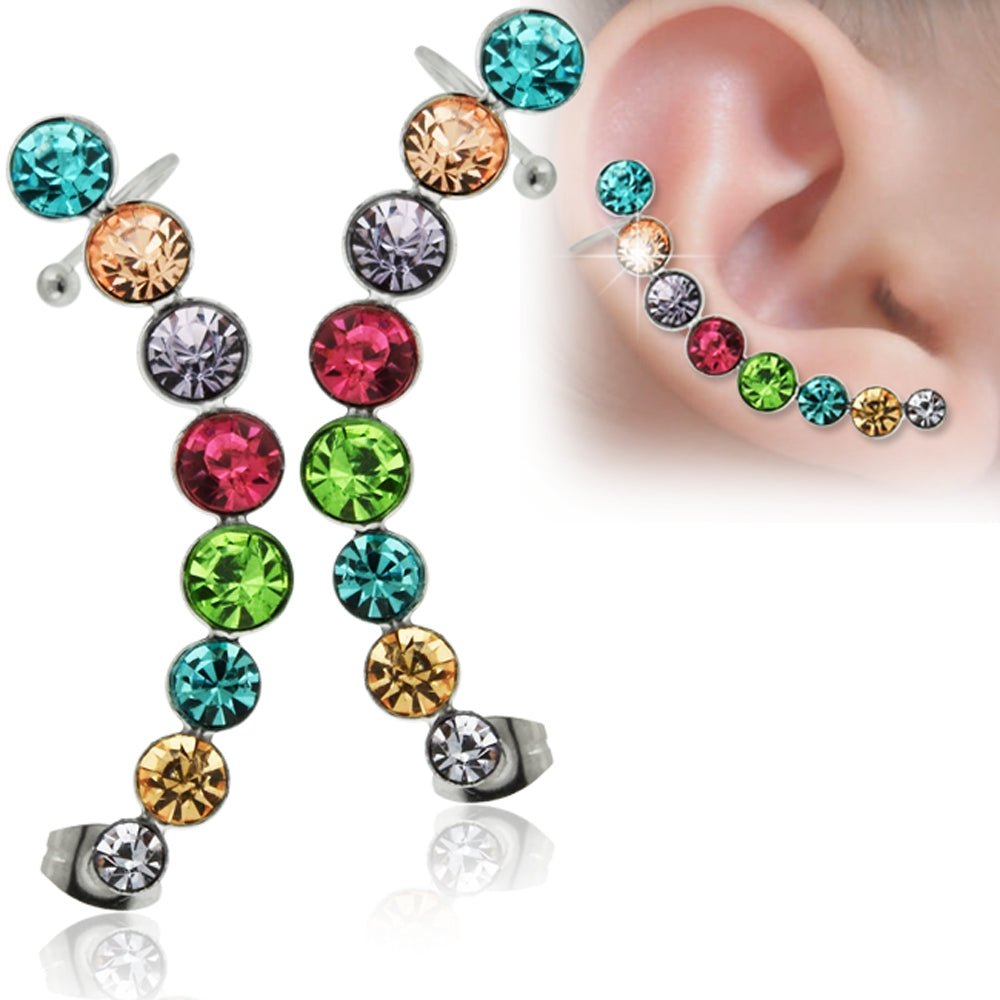 Sweep Multi Color Jeweled Ear Cuff Wrap Cartilage Clip on Piercing