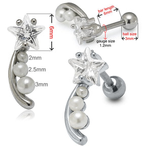 Jeweled Star with Pearl Tail Cartilage Tragus Piercing Ear Stud