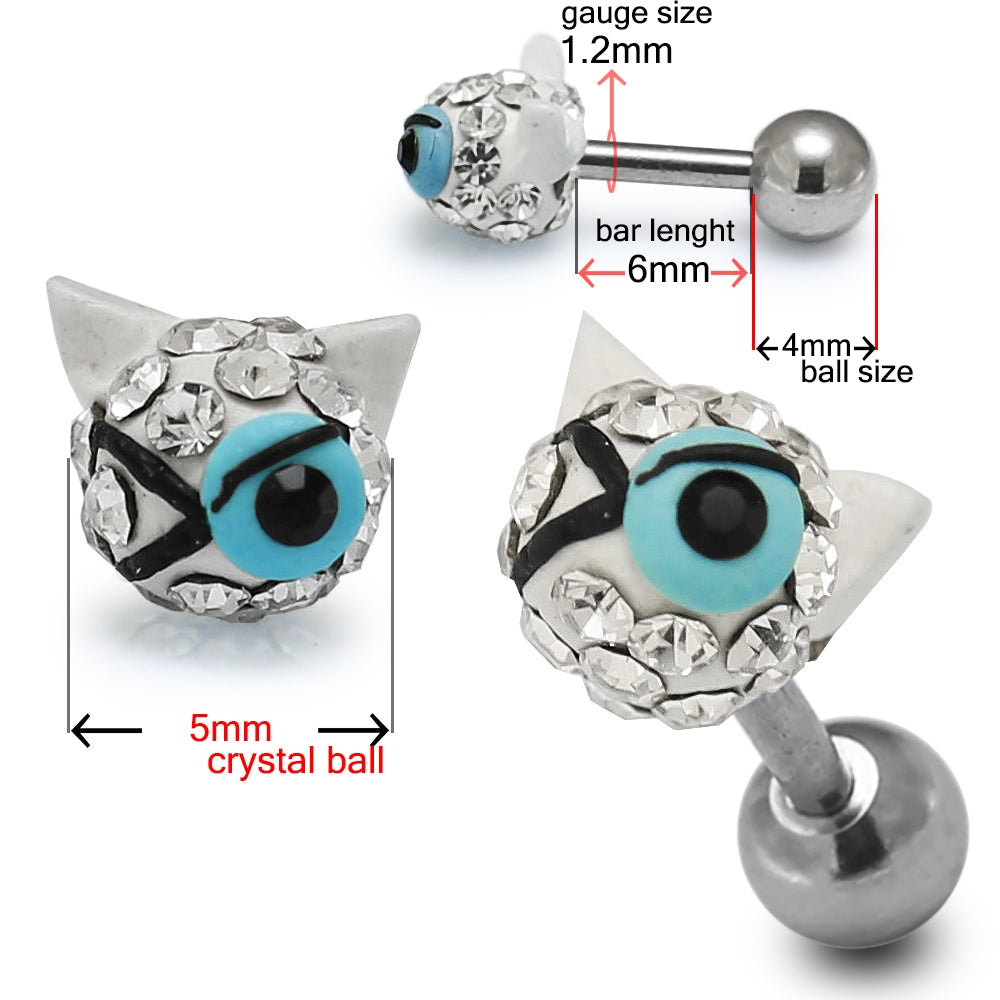 Multi Jeweled Winking Cat Cartilage Tragus Piercing Ear Stud