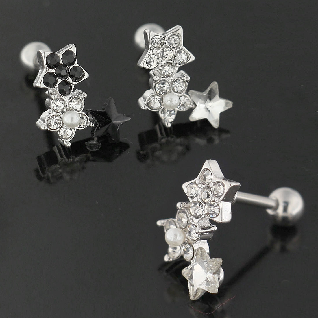 Cartilage Tragus Piercing Jeweled Flower with Star Ear Stud