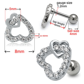 Cartilage Tragus Piercing Micro Jeweled Heart in Heart Ear Stud