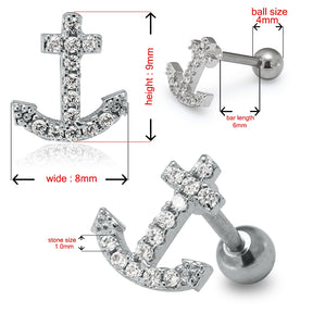 Cartilage Tragus Piercing Micro Jeweled Anchor Ear Stud