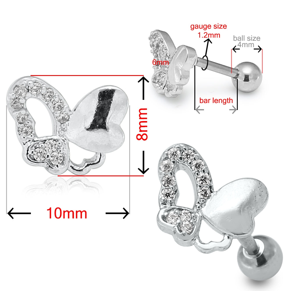 Cartilage Tragus Piercing Micro Jeweled Butterfly Heart Ear Stud
