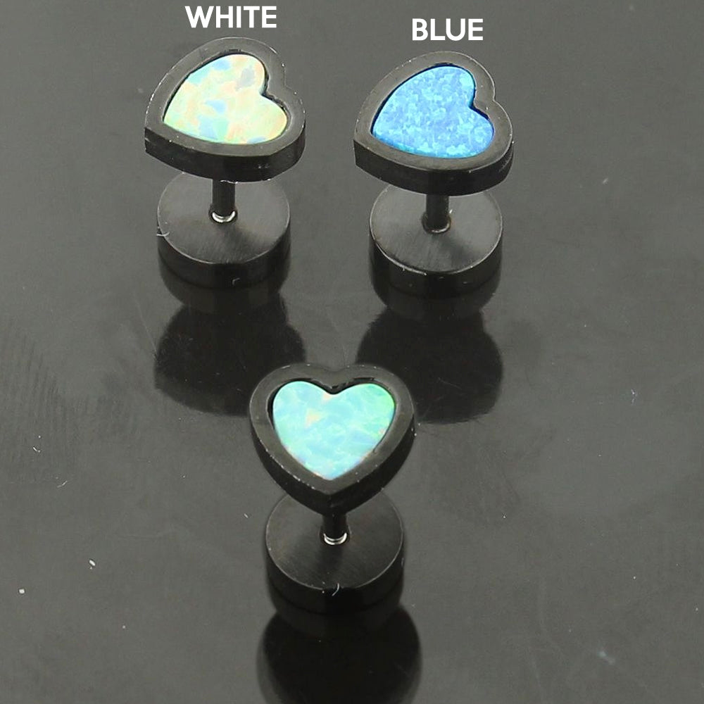 SS Blackline Jeweled Heart Opal Stone Fake Ear Plug