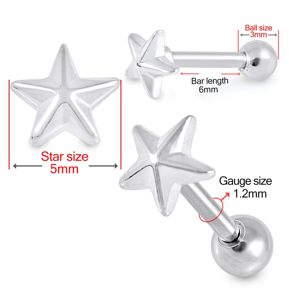 Plain Star Top Cartilage Helix Tragus Piercing Surgical Steel  Ear Stud