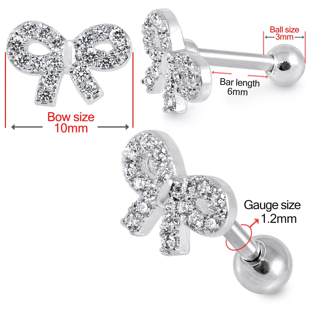 Clear Gem Bow Top Cartilage Helix Tragus Piercing Surgical Steel  Ear Stud