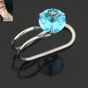 Round Jeweled Pressing Type Non Piercing Cartilage Clip on Ear ring  Aquamarine