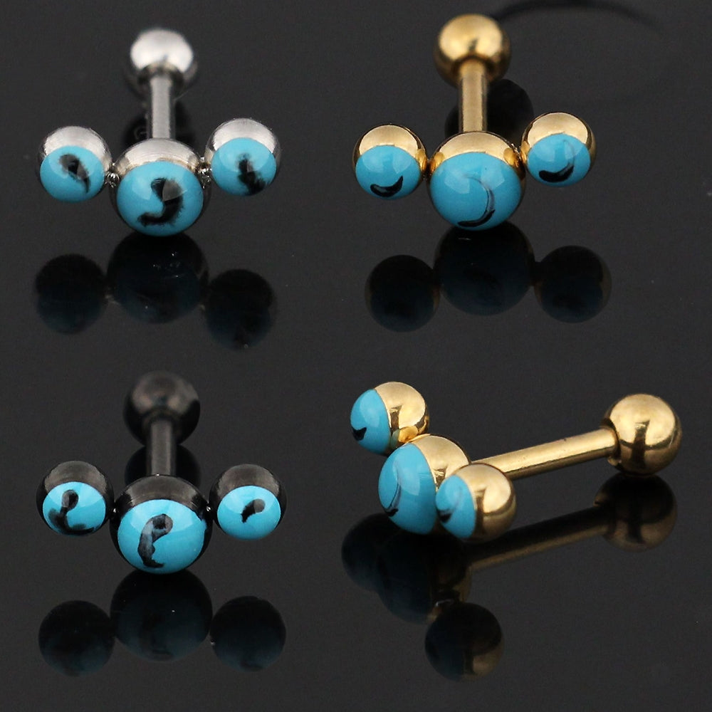 Tri Turquoise Stones Cartilage Helix Tragus Piercing Ear Stud