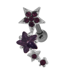 Multiple Sparkling Stars 925 Sterling Silver Cartilage Tragus Piercing  Purple