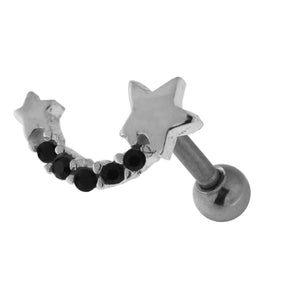 925 Sterling Silver Star with jeweled Tail Cartilage Tragus Piercing Ear Stud  Black