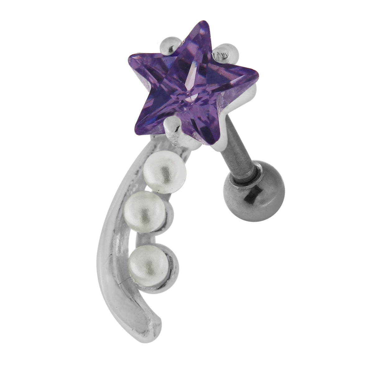 925 Sterling Silver Star with Pearl Tail Cartilage Tragus Piercing Ear Stud  Lavender