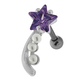 925 Sterling Silver Star with Pearl Tail Cartilage Tragus Piercing Ear Stud