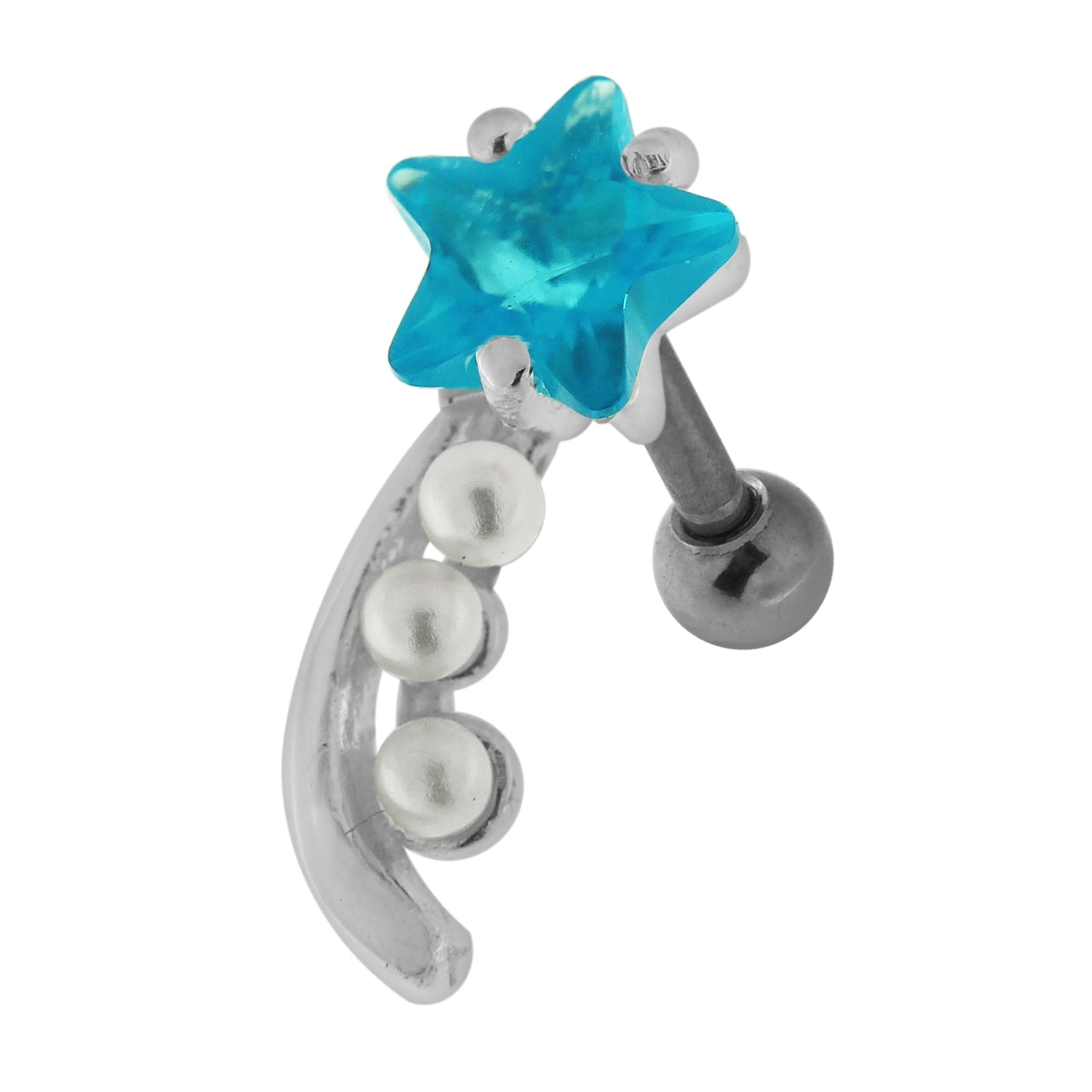 925 Sterling Silver Star with Pearl Tail Cartilage Tragus Piercing Ear Stud  Aquamarine