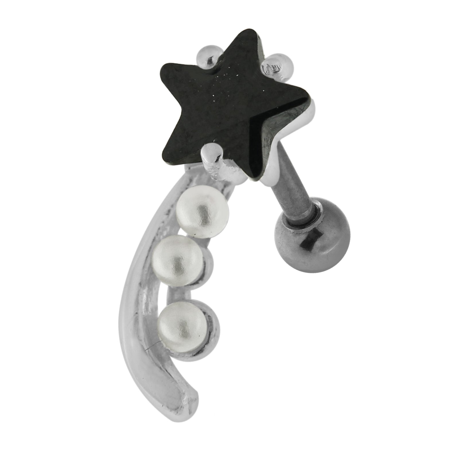 925 Sterling Silver Star with Pearl Tail Cartilage Tragus Piercing Ear Stud  Black