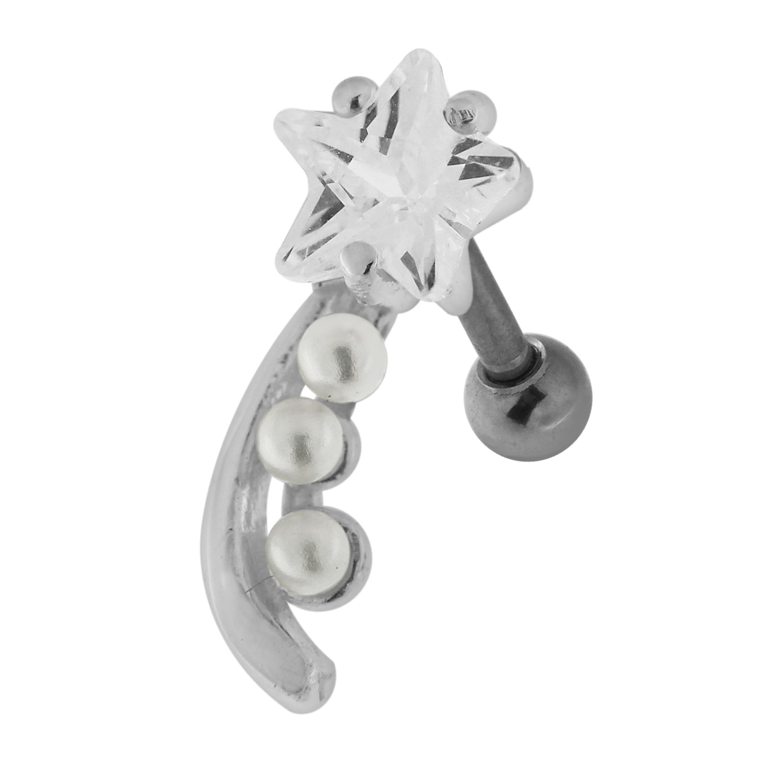 925 Sterling Silver Star with Pearl Tail Cartilage Tragus Piercing Ear Stud