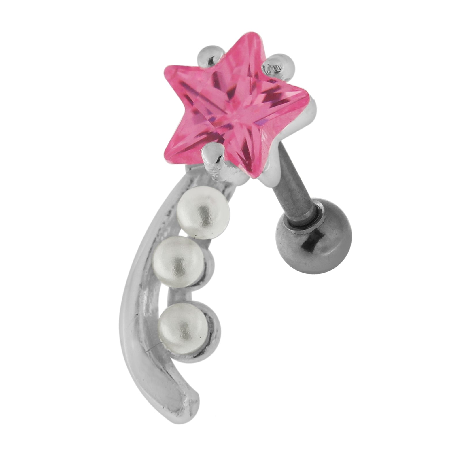 925 Sterling Silver Star with Pearl Tail Cartilage Tragus Piercing Ear Stud  Pink