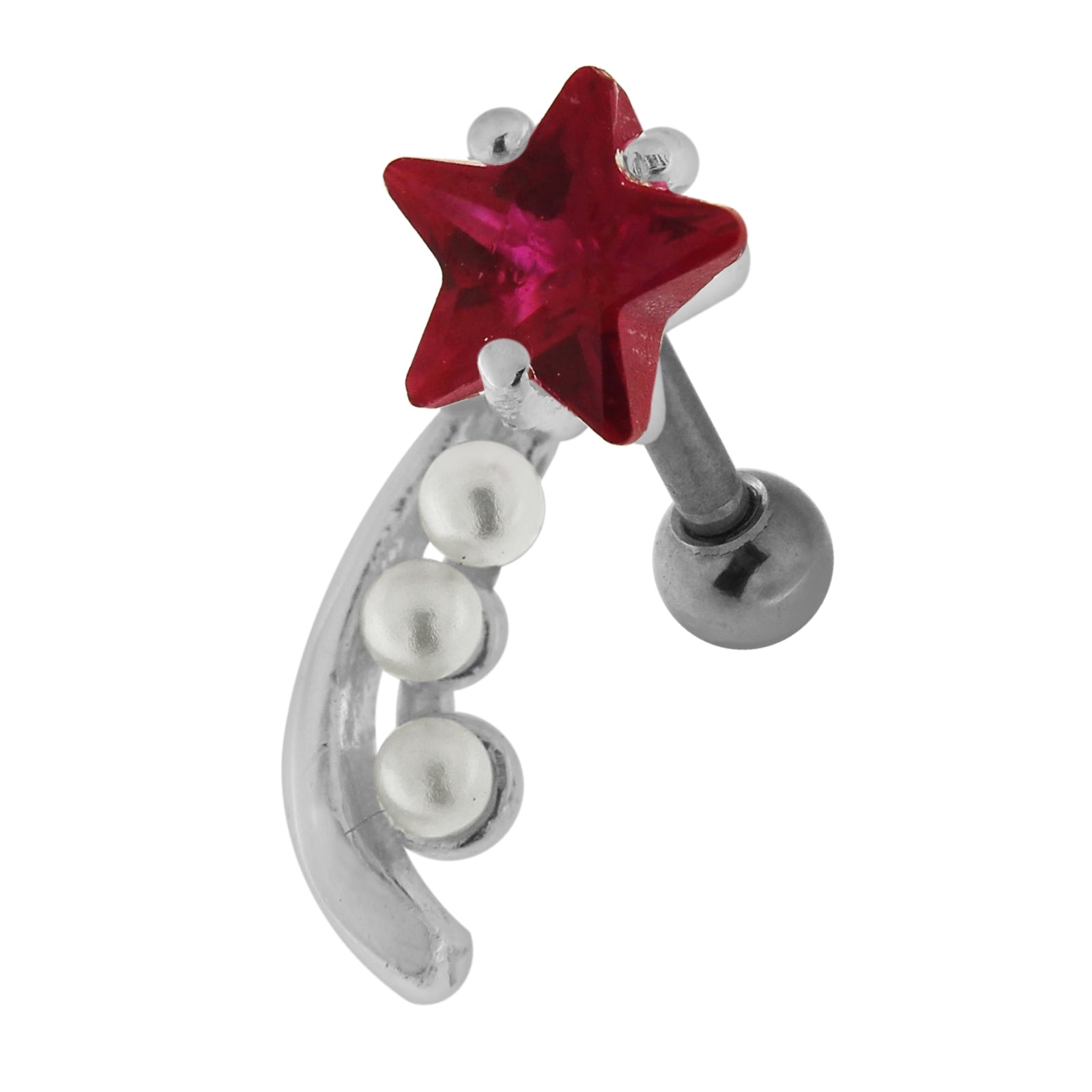 925 Sterling Silver Star with Pearl Tail Cartilage Tragus Piercing Ear Stud  Red