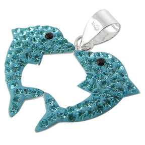 Crystal stone Two Dolphins Silver Pendent